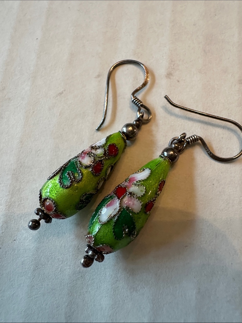 Cloisonné drop earrings, green and pink